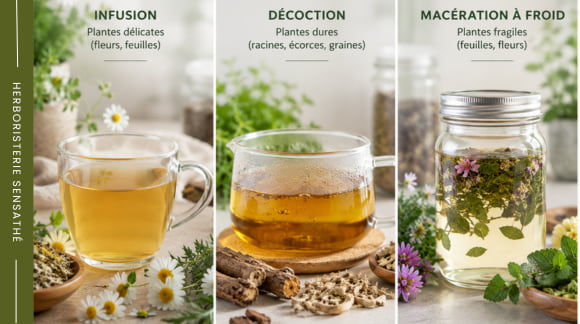 Comparaison entre infusion, décoction et macération à froid pour préparer une tisane maison selon les différentes plantes - Herboristerie Sensathé